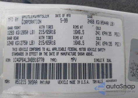 1999 Chrysler Town & Country Limited z USA, uszkodzony, nr VIN 1C4GP64L3XB916770